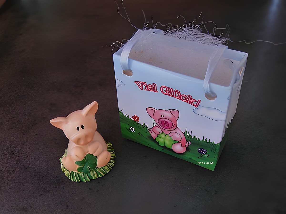 Schweinchen mit Geschenktasche und Kleeblatt, Hersteller Juwelier Harnisch, dekorative Figur für Glücksmomente, ideal zum Verschenken und Sammeln.
