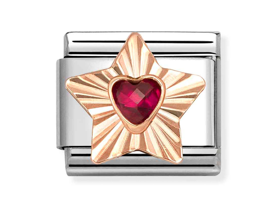 Charm in klassischem Roségold, geformt wie ein Stern mit einem roten Herz in der Mitte, auf einem silbernen Hintergrund. Ideal für Armbänder von Pandora, Neuheit aus der Kollektion.