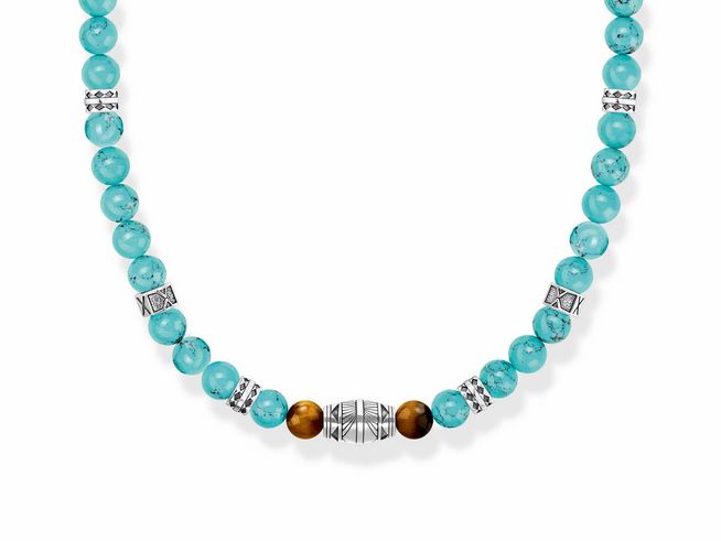 Kette aus silberfarbenen und türkisfarbenen Steinen mit Tigerauge und dekorativen Metall-Elementen, 50 cm lang, von Thomas Sabo, Modell KE2180-364-17-L50.