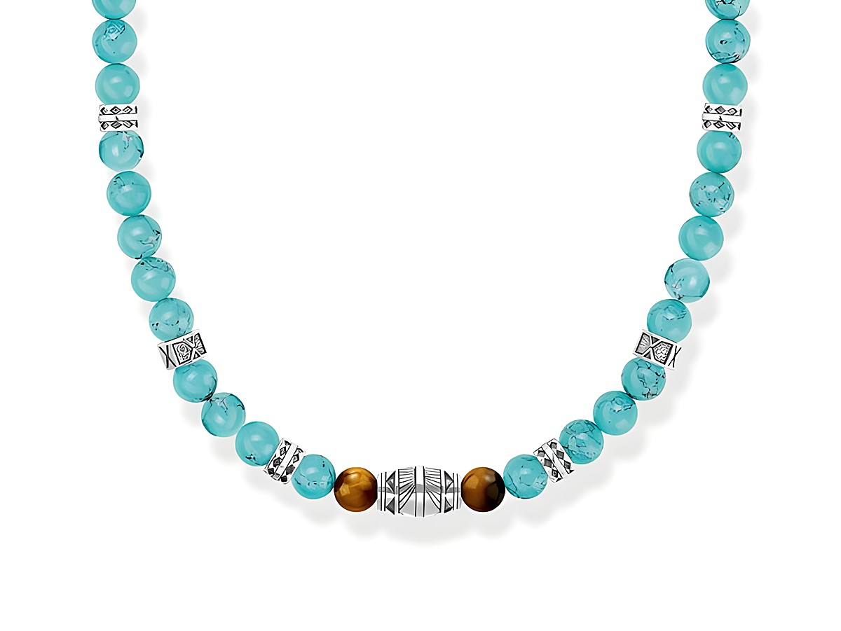 Kette aus silberfarbenen und türkisfarbenen Steinen mit Tigerauge und dekorativen Metall-Elementen, 50 cm lang, von Thomas Sabo, Modell KE2180-364-17-L50.