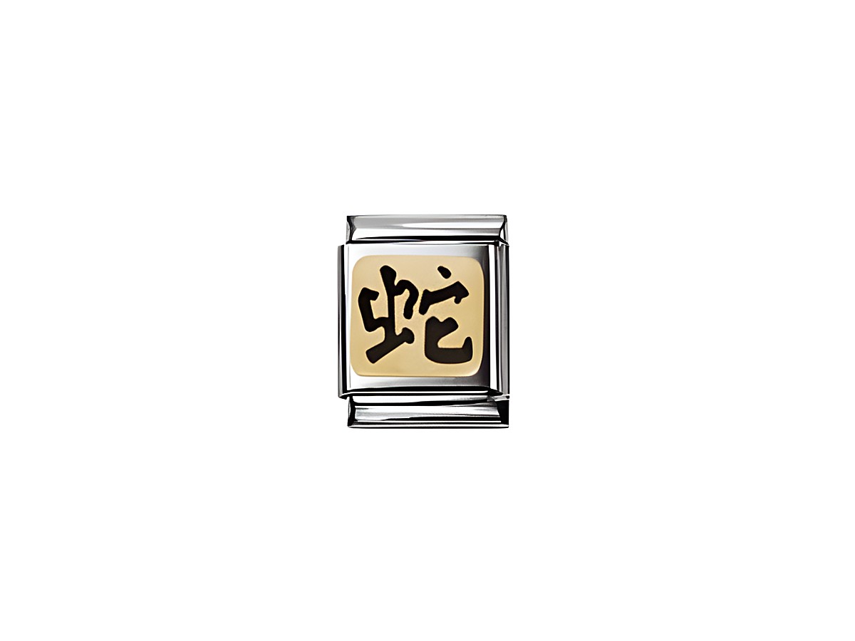 Das Bild zeigt ein Schmuckelement von NOMINATION Big CHINA mit dem chinesischen Symbol für Schlange, gefertigt in hochwertigem Edelstahl und mit einem gelben Hintergrund.