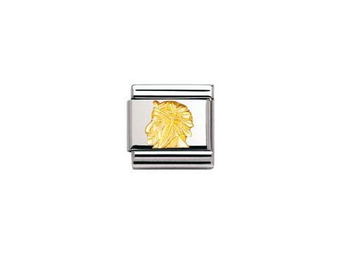 Ein Nomination Classic Dante Element in silber und gold zeigt das kunstvoll gestaltete Profil eines Löwenkopfes auf einem rechteckigen Element, ideal für individuellen Schmuck.