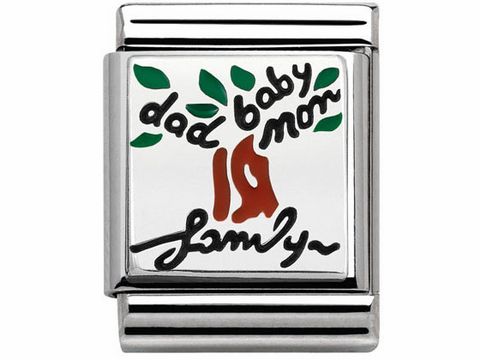 Edelstahlarmband mit Emaille-Beschichtung, zeigt einen bunten Stammbaum mit den Wörtern dad, baby, mom und family, hergestellt von Nomination, Modell 332203 15 BIG.