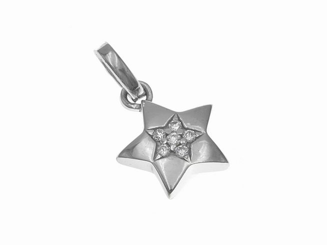 Ein silber rhodinierter Anhänger in Form eines Sterns mit funkelndem weißen Zirkonia, ideal als elegantes Schmuckstück von Juwelier Harnisch, inspiriert von Sonne, Mond und Sternen.