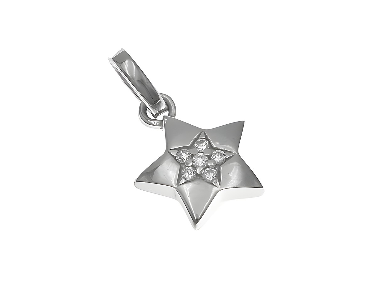 Ein silber rhodinierter Anhänger in Form eines Sterns mit funkelndem weißen Zirkonia, ideal als elegantes Schmuckstück von Juwelier Harnisch, inspiriert von Sonne, Mond und Sternen.