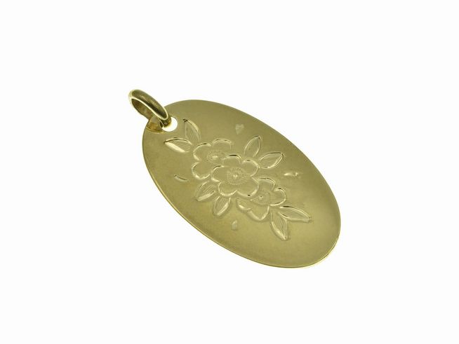 Gravurplatte in Gold 333 mit einer filigranen Blume in der Mitte, Maße 25 x 15 mm, Hersteller Juwelier Harnisch, ideal für individuelle Gravuren.