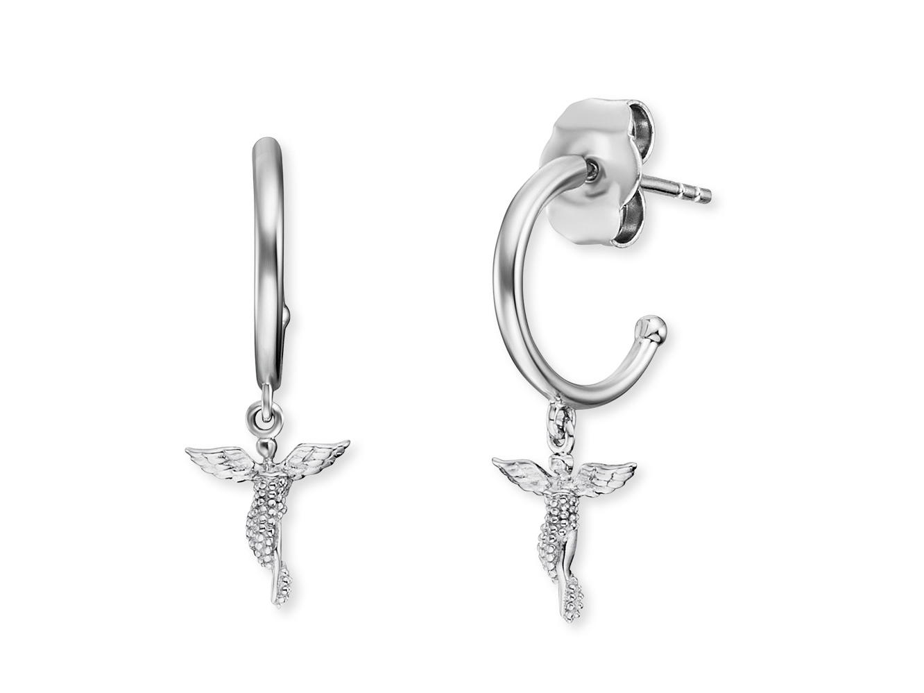 Silberne Ohrringe von Engelsrufer mit einem 12 mm großen Creole und einem Engel-Anhänger mit Flügeln, rhodiniert und elegant designt. Ideal für einen besonderen Anlass.
