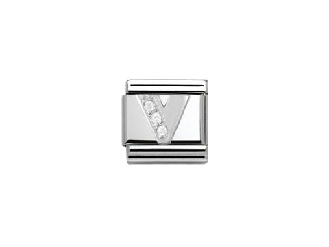 Buchstabe V in Silber mit Zirkonia-Steinen von Nomination, Classic 330301 22, schlichtes Design für Armbänder, ideal für Personalisierung und stilvolle Akzente.