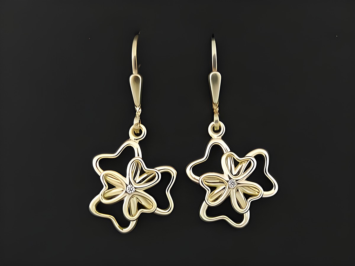 Blume Ohrhänger anmutig aus Sterling Silber vergoldet mit Zirkonia, Hersteller Juwelier Harnisch, elegante Ohrhänger mit funkelndem Stein in Blumenform.