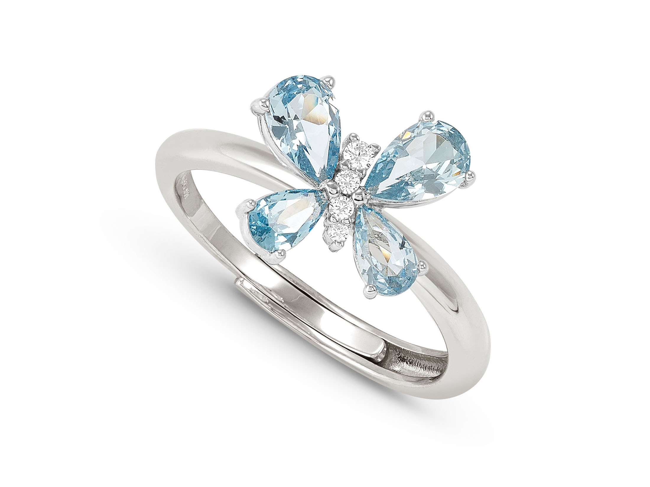 Ein eleganter Ring aus Sterling Silber mit einem zarten Schmetterlingsmotiv, besetzt mit hellblauen Zirkonia-Steinen und weiteren funkelnden Zirkonia, verstellbar in Größe 51 bis 59.