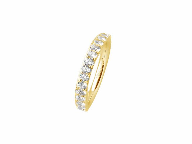Ein eleganter Xenox Sterling Silber Ring in Gelbgold vergoldet, Größe 56, mit glänzenden Zirkonia-Steinen, die den Ring entlang schmücken und für einen funkelnden Effekt sorgen.