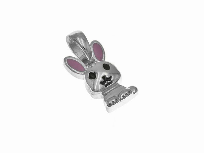 Ein niedlicher Anhänger in Form eines Hasen, silber rhodiniert mit pinkem und schwarzem Lack, ideal für Kinder, hergestellt von Juwelier Harnisch.