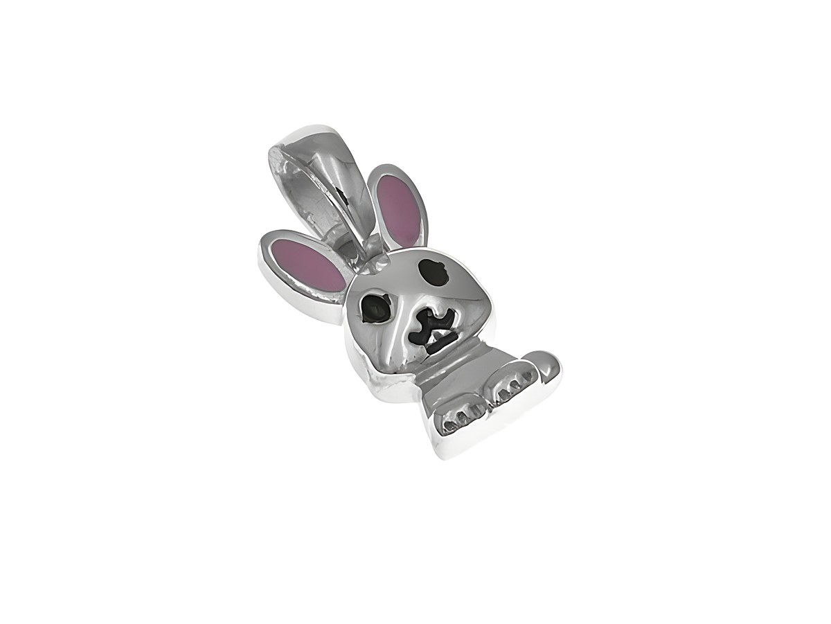 Ein niedlicher Anhänger in Form eines Hasen, silber rhodiniert mit pinkem und schwarzem Lack, ideal für Kinder, hergestellt von Juwelier Harnisch.