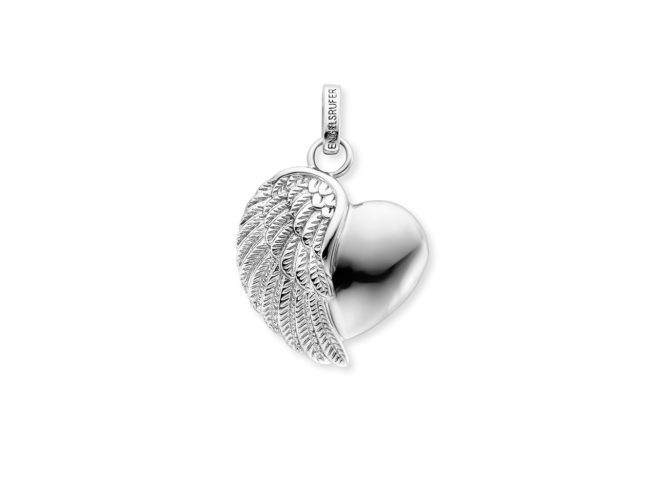 Engelsrufer ERP-LILHEARTWING Herzflügel Anhänger in Silber rhodiniert, mit einer herzförmigen und einer gefiederten Flügelhälfte, elegant und ansprechend gestaltet.