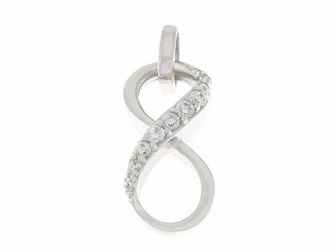 Anhänger in Form eines Unendlichkeitssymbols aus silber rhodiniertem Material, verziert mit Zirkonia, symbolisiert Ewigkeit und zeitlose Eleganz. Hersteller: Juwelier Harnisch.