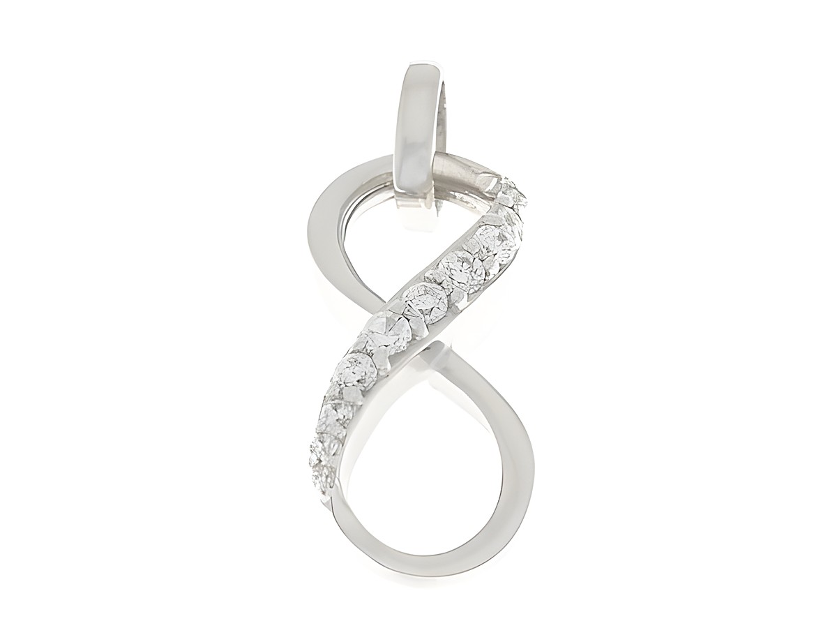Anhänger in Form eines Unendlichkeitssymbols aus silber rhodiniertem Material, verziert mit Zirkonia, symbolisiert Ewigkeit und zeitlose Eleganz. Hersteller: Juwelier Harnisch.