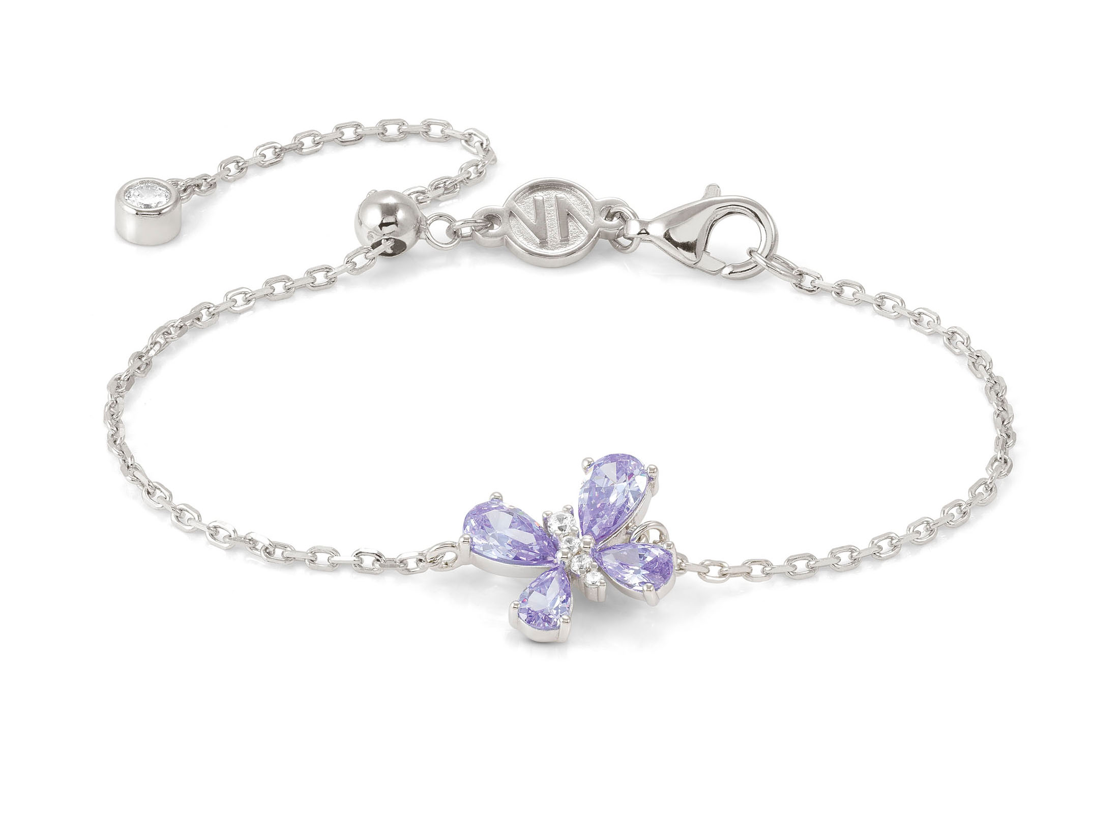 Armband aus Sterling Silber mit einem Schmetterling aus lila Zirkonia und weißen Zirkonia, verziert an einer filigranen Kette, ein elegantes Schmuckstück bis 18 cm.