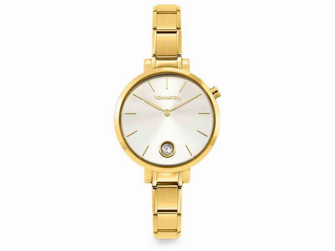 Elegante Nomination Armbanduhr aus Edelstahl mit gold PVD-Beschichtung, Ziffernblatt mit Glitzer und Zirkonia, Modell PARIS, Time Collection, silbernes Ziffernblatt.