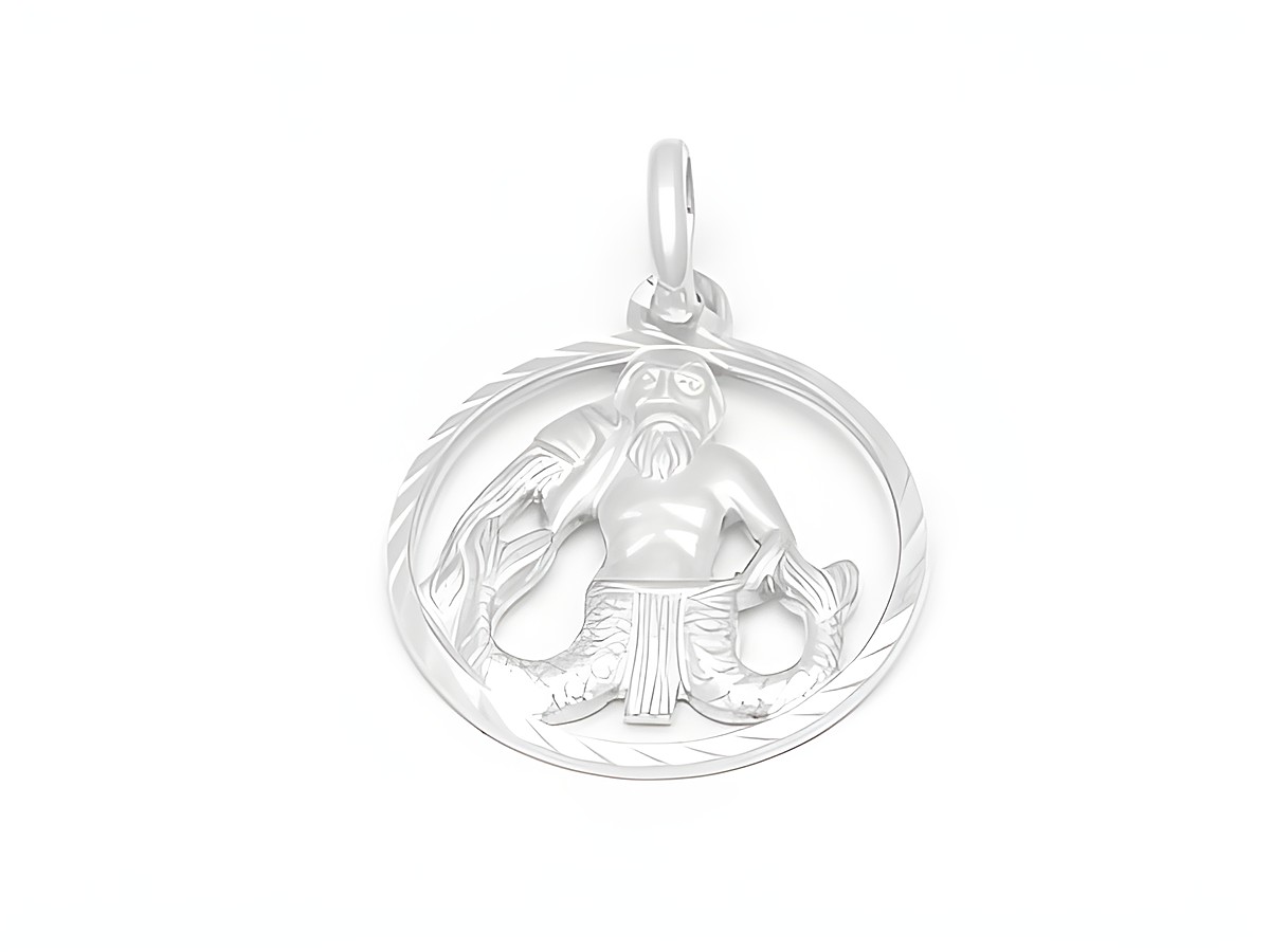 Ein Wassermann Anhänger aus sterling Silber, diamantiert, mit detaillierter Darstellung eines männlichen Wassermanns in einer runden Form, Hersteller Juwelier Harnisch.