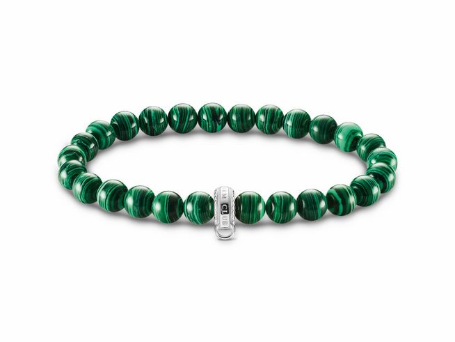 Armband aus Sterling Silber mit imitiertem Malachit in grüner Farbe, 19 cm lang, mit charakteristischen gemusterten Perlen und einem dekorativen Verschluss des Herstellers Thomas Sabo.