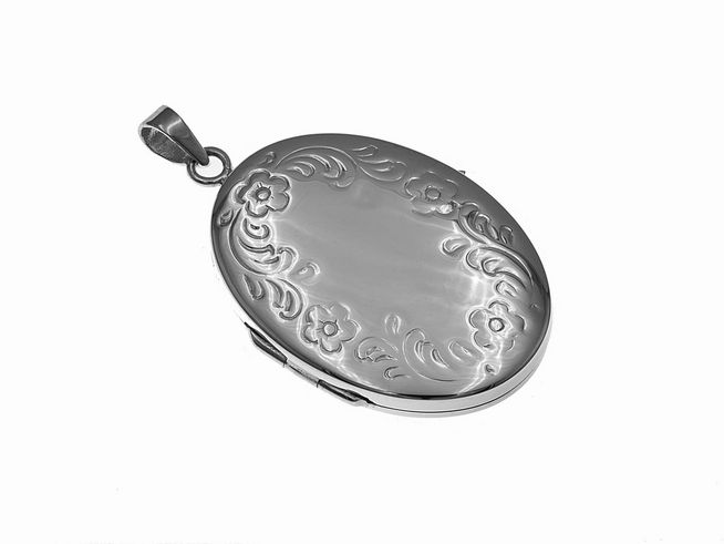 32861-0 Silber Medaillon oval rhodiniert mit floralem Muster, Hersteller Juwelier Harnisch, zeigt eine eleganten Gestaltung und feine Details auf der Oberfläche. Ideal als edles Schmuckstück.