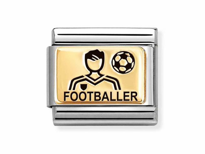 Ein goldfarbener Charms mit der Aufschrift Fussballer und einer dazugehörigen Fußballgrafik, umgeben von einem silbernen Rahmen, ideal für Sportliebhaber.