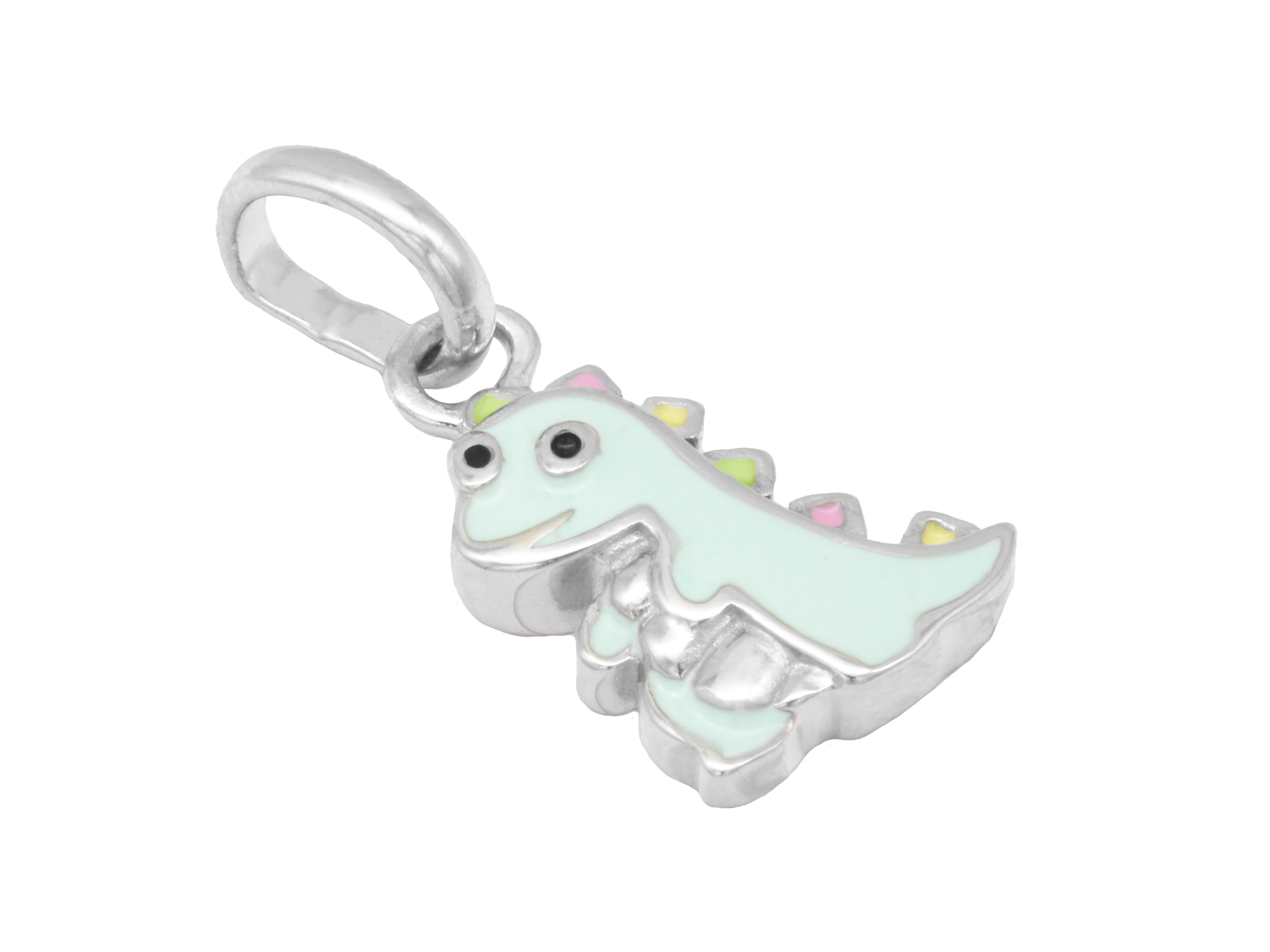 Dino Anhänger aus rhodiniertem Sterling Silber, poliert, mit Türkis, Rosa und Gelb lackiert, ideal für Kinder, Hersteller Juwelier Harnisch.