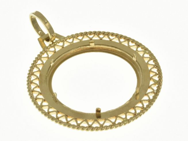 Elegante Münzfassung aus 750 Gold mit einem Durchmesser von 23,3 mm, hergestellt von Juwelier Harnisch, mit feiner, geflochtener Randgestaltung und Öse zum Befestigen.