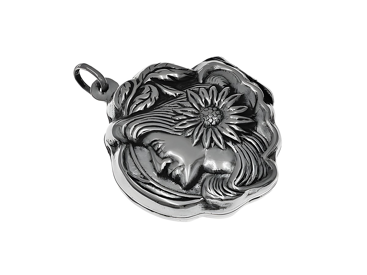 Silber Medaillon mit nostalgischem Gesicht und floralen Motiven, gefertigt aus Sterling Silber, Hersteller Juwelier Harnisch, verziert mit einer Gemme.