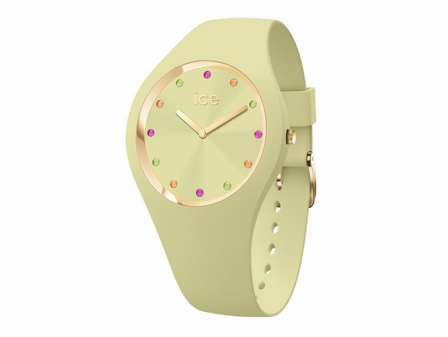 Ice Watch Uhr 022361 ICE cosmos Matcha Small mit einem hellgrünen Armband und einem goldenen Zifferblatt, besetzt mit bunten Indizes, ideal für modebewusste Träger.