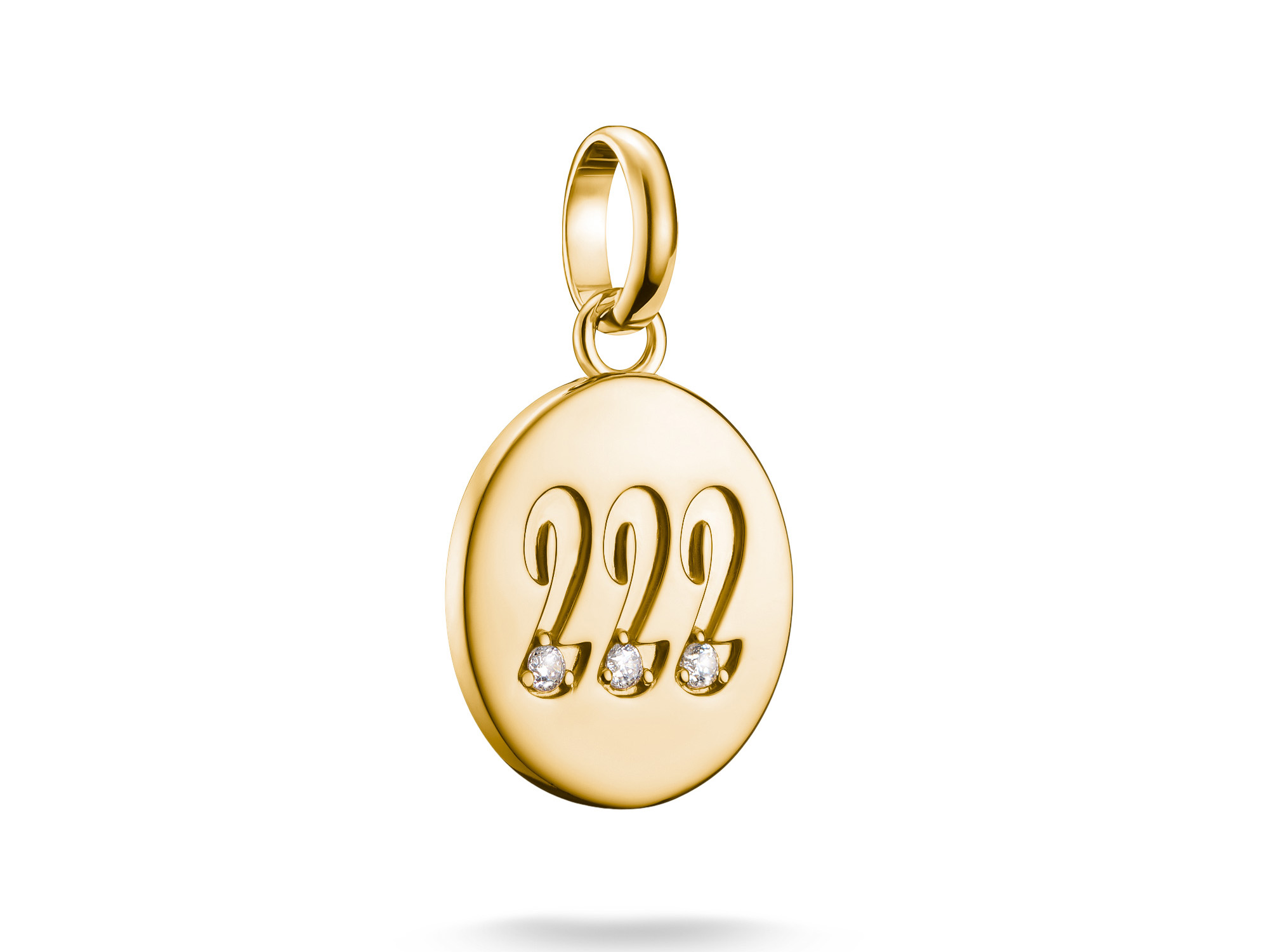 Charm von Thomas Sabo aus Silber und gelbgoldvergoldet mit der Engelzahl 222, versehen mit Zirkonia, geeignet für den Charm Club CONNECT.