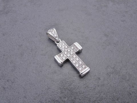 Silber Anhänger in Form eines Kreuzes mit weißen Kristallen, Größe 37 mm, hergestellt von Juwelier Harnisch, ideal für religiöse Zwecke, mit funkelndem Stein verziert.