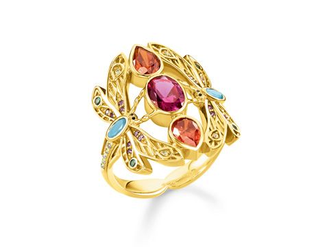 Wunderschöner Thomas Sabo Ring mit mehrfarbigen Libellenmotiven in Gold und funkelnden Steinen, Größe 56, ideal für einen eleganten und verspielten Look.
