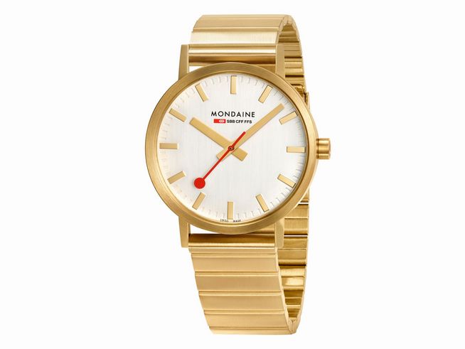 Mondaine Classic A660.30360.16SBM Armbanduhr mit 40 mm Gehäuse, goldfarbenem Edelstahlarmband und weißem Zifferblatt, rote Sekundenzeiger und goldene Stundenmarkierungen.