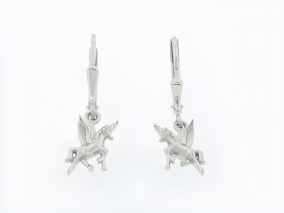 Ohrringe Silber rhod. mit geflügeltem Einhorn, märchenhafte Hänger mit einem Stein, Hersteller Juwelier Harnisch, perfekte Ergänzung für jeden Schmuckliebhaber.