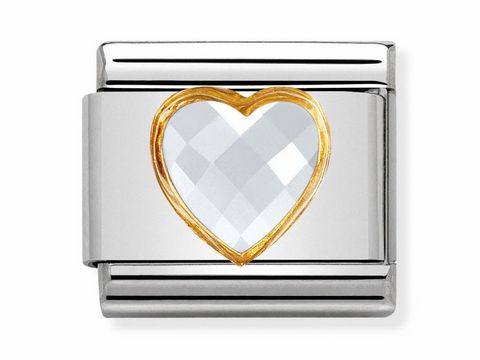 Der charmante Herzanhänger aus Edelstahl zeigt einen facettierten Zirkonia in Herzform, umrahmt von einer goldfarbenen Kontur, ideal für Composable Classic Schmuck von Nomination.