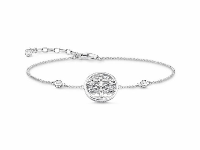 Silbernes Armband von Thomas Sabo mit Lebensbaum-Motiv und Zirkonia-Verzierungen, filigranes Design sorgt für eleganten Look, ideal als modisches Accessoire.