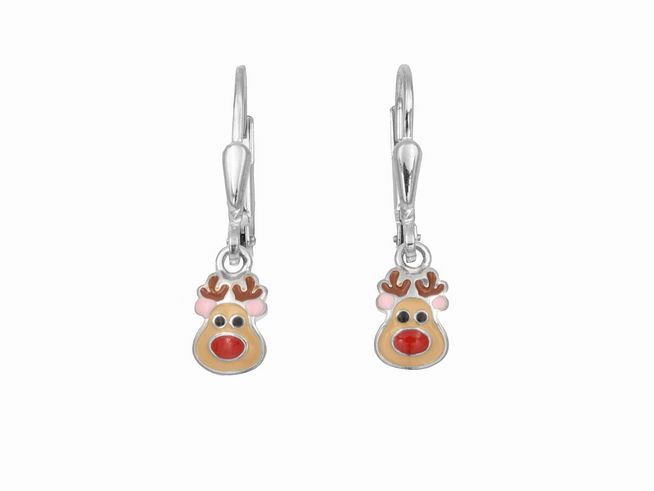Ohrhänger in Form von Rentierköpfen aus rhodiniertem, poliertem Sterling Silber mit buntem Lack, ideal für Kinder und hergestellt von Juwelier Harnisch.