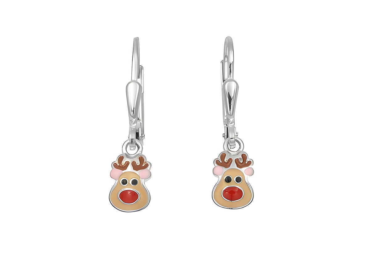 Ohrhänger in Form von Rentierköpfen aus rhodiniertem, poliertem Sterling Silber mit buntem Lack, ideal für Kinder und hergestellt von Juwelier Harnisch.