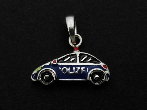 Silberne charmante Anhänger in Form eines Polizeiautos, lackiert in blau, schwarz und rot, Hersteller Juwelier Harnisch, ideal für Kinder.