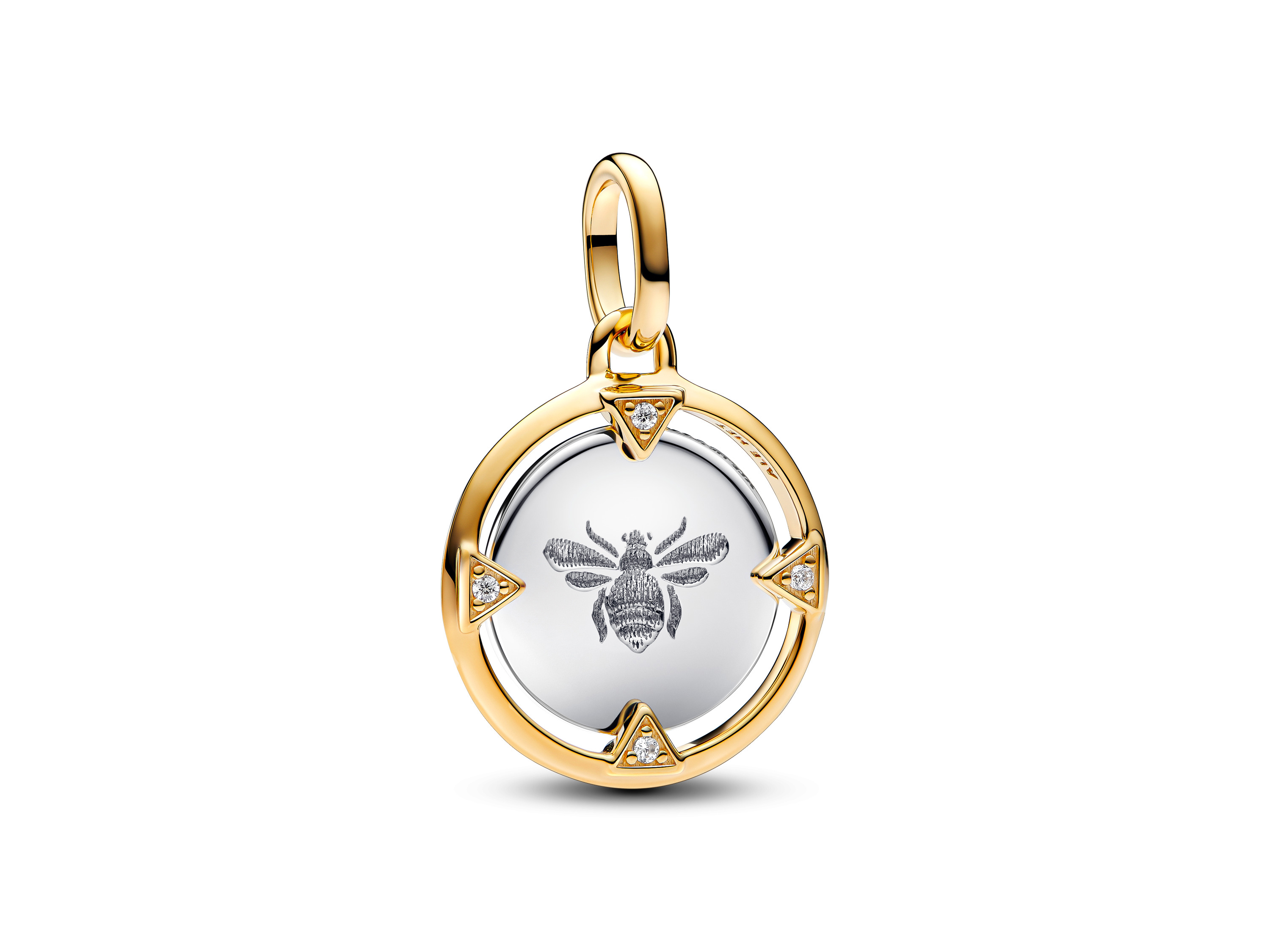 Pandora Me Biene Charm aus Sterling Silber mit gelbgoldener Vergoldung und Zirkonia-Steinen, zeigt eine Biene in der Mitte, umgeben von auffälligen Lichtelementen.