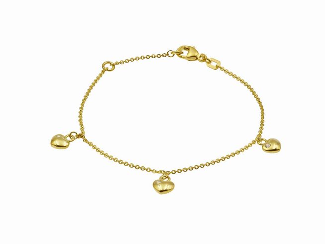 Armband Herzreihe aus vergoldetem Silber mit Zirkonia, 14,5 cm und 17 cm, drei herzförmige Anhänger, hergestellt von Juwelier Harnisch, elegante und zeitlose Schmuckstück.