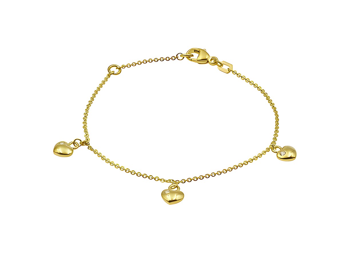 Armband Herzreihe aus vergoldetem Silber mit Zirkonia, 14,5 cm und 17 cm, drei herzförmige Anhänger, hergestellt von Juwelier Harnisch, elegante und zeitlose Schmuckstück.