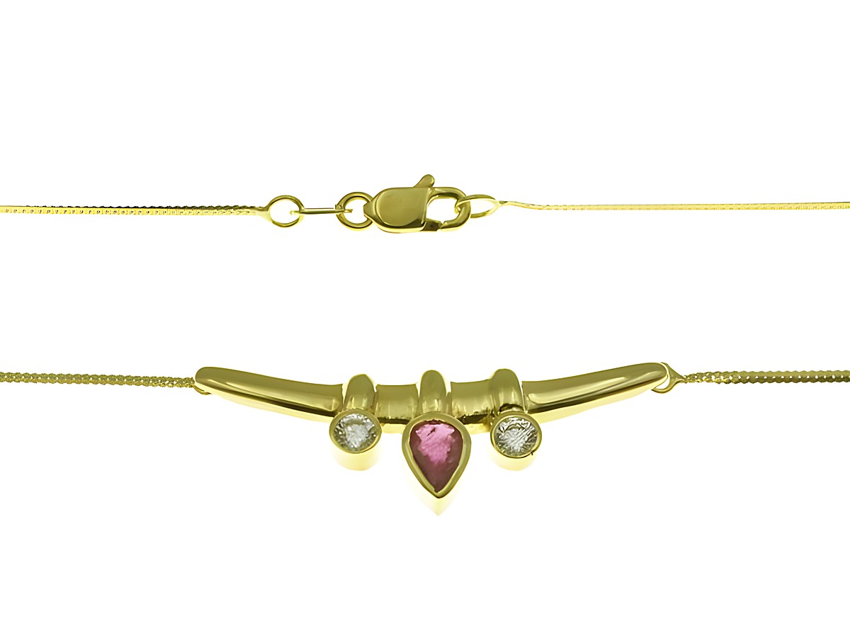 Mittelteilcollier aus Gelbgold 333 mit Rubin und Zirkonia, 42 cm lang, elegant gestaltet, Hersteller Juwelier Harnisch, ideales Schmuckstück für besondere Anlässe.