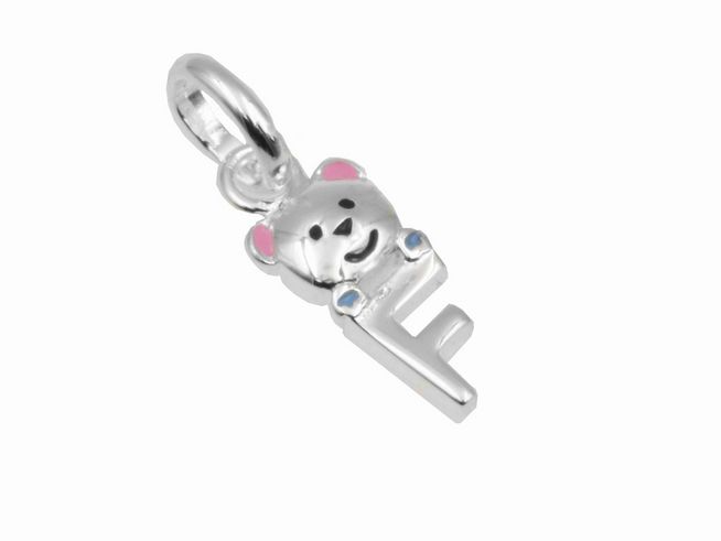 Teddy Anhänger aus 925 Sterling Silber, poliert und rhodiniert, Buchstabe F, ideal für Kinder, gefertigt von Juwelier Harnisch.