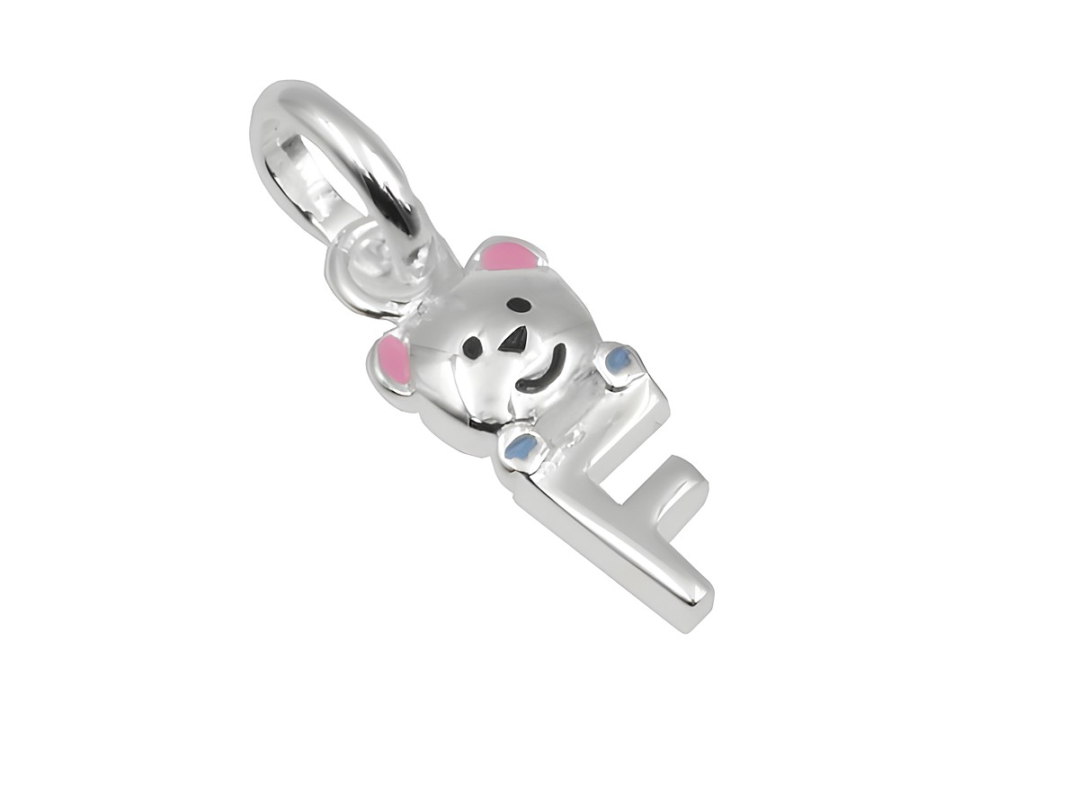 Teddy Anhänger aus 925 Sterling Silber, poliert und rhodiniert, Buchstabe F, ideal für Kinder, gefertigt von Juwelier Harnisch.