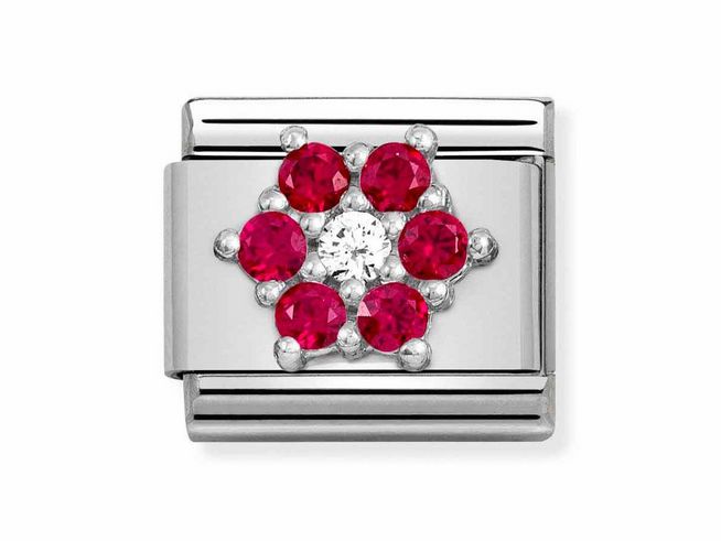 Edelstahlarmbandglieder mit einer Blumenmotivanordnung aus roten Zirkonia und einem weißen Zirkonia in der Mitte, Hersteller Nomination, Modell Classic Sterling Silber 330322 02.
