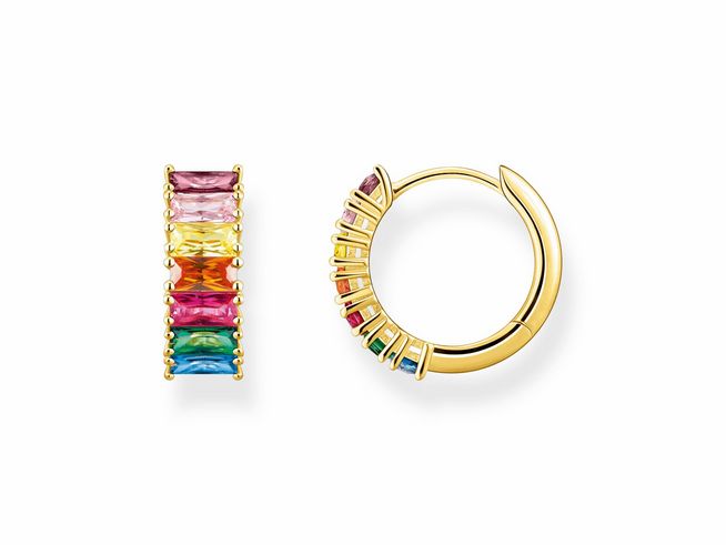 Creolen von Thomas Sabo aus vergoldetem Sterling Silber in Rainbow-Design, geschmückt mit bunten Steinen in verschiedenen Formen. Ideal für farbenfrohe Akzente.