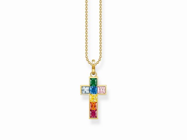 Kette aus Sterling Silber vergoldet mit buntem Zirkonia Anhänger in Kreuzform, der in Regenbogenfarben gestaltet ist. Länge der Kette beträgt 45 cm.