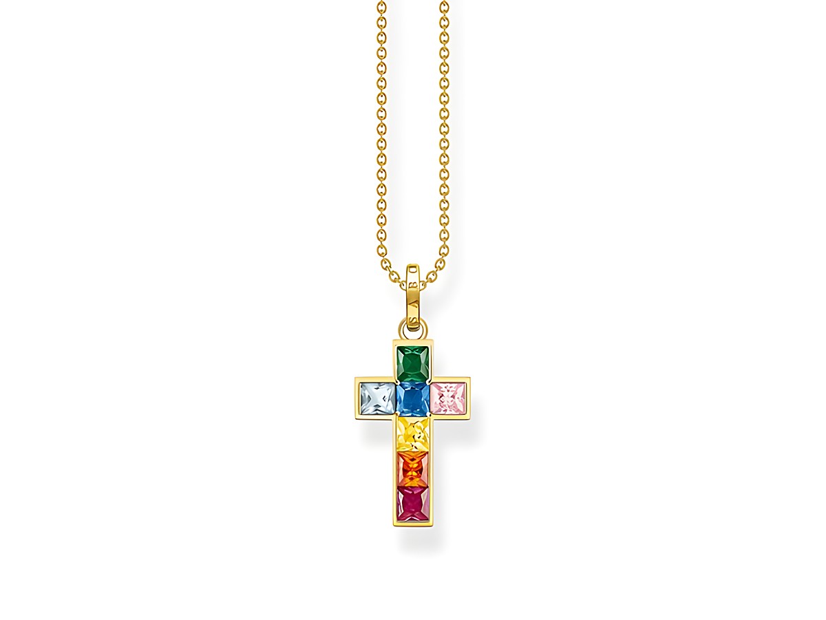 Kette aus Sterling Silber vergoldet mit buntem Zirkonia Anhänger in Kreuzform, der in Regenbogenfarben gestaltet ist. Länge der Kette beträgt 45 cm.